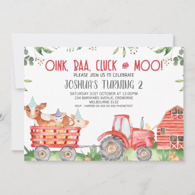 Boys Red Tractor Boskap Birthday Call Inbjudningar (Framsida)