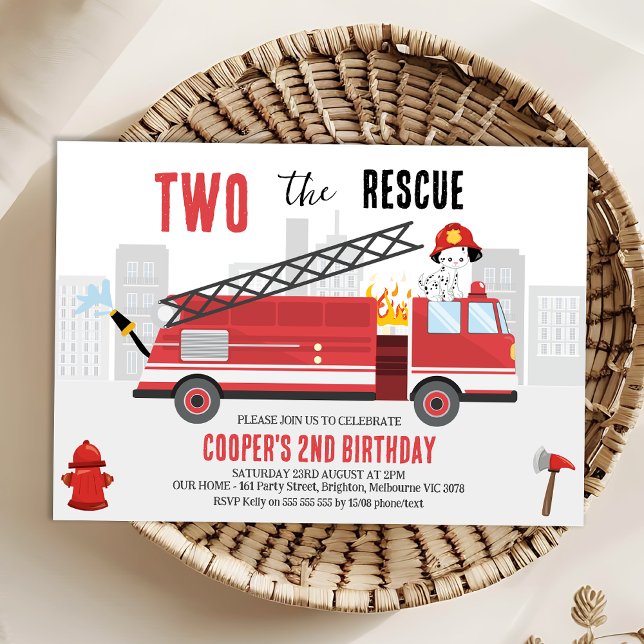 Boys Red Two, Rädding Firefighter Birthday Inbjudningar (Two The Rescue 2nd Birthday Invitation Template, Editable Firefighter 2nd Birthday Invitation)