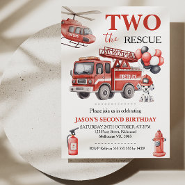 Boys Red Two The Rescue Fire Truck Birthday  Inbjudningar