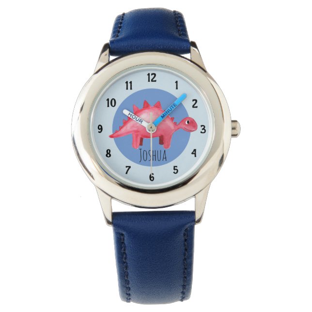 Boys Red Watercolor Dinosaur och Namn Kids Armbandsur (Framsida)