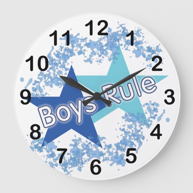 Boys Rule Blue Stars Numbered Wall Clock Stor Klocka (Framsida)