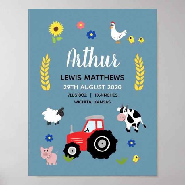 Boys Rustic Cute Farm Birth Stats Baby Nursery Poster (Framsidan)