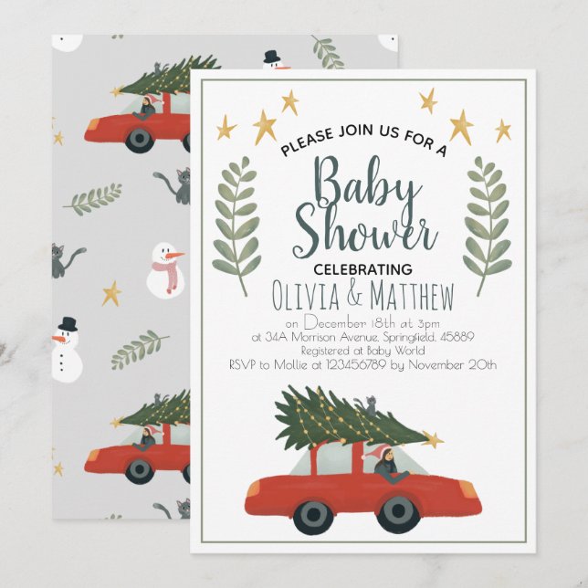 Boys Rustic Cute Julgran Stars Baby Shower Inbjudningar (Fram/baksida)