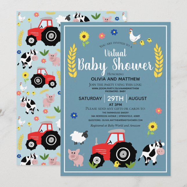 Boys Rustic Farm Tractor Virtuell Baby Shower Inbjudningar (Fram/baksida)