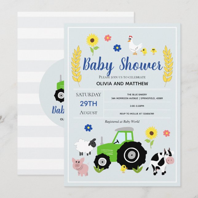 Boys Rustic Land Farm Grönt Tractor Baby Shower Inbjudningar (Fram/baksida)