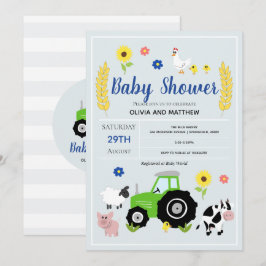 Boys Rustic Land Farm Grönt Tractor Baby Shower Inbjudningar