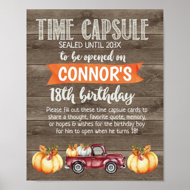 Boys Rustic Little Pumpkin Time Capsule-tecken Poster (Framsidan)