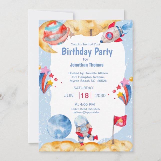 Boys Rymden Astronaut Blue Red Inbjudan (Framsida)
