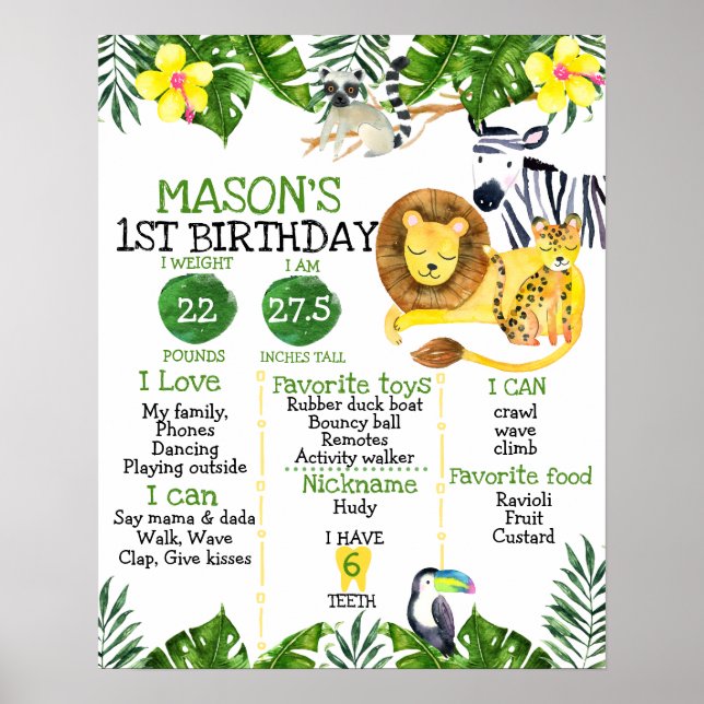 Boys Safari First Birthday Milestone Poster (Framsidan)
