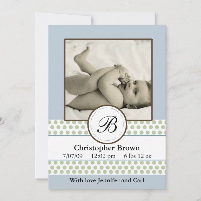 Boys Sage Dots Birth Notice Meddelande (Framsida)