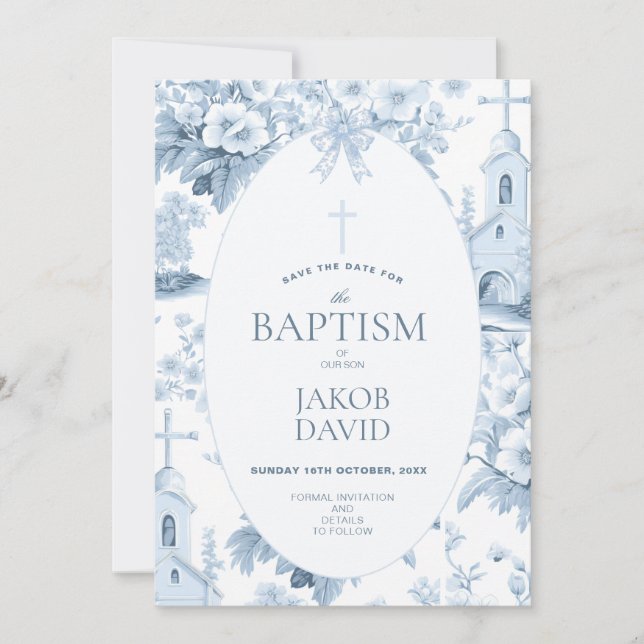 Boys Save Date, Blue Toile Blommigt Baptism Inbjudningar (Framsida)