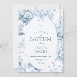 Boys Save Date, Blue Toile Blommigt Baptism Inbjudningar