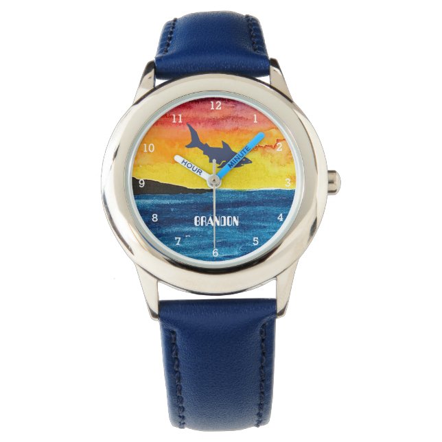 Boys Shark Ocean Fish Cute Modern Blue Kids Armbandsur (Framsida)