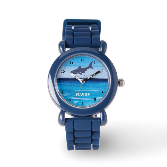 Boys Shark Ocean Fish Cute Modern Blue Kids Armbandsur (Framsida)