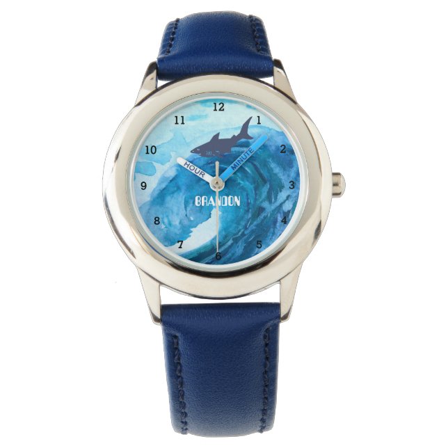 Boys Shark Ocean Fish Cute Modern Blue Kids Armbandsur (Framsida)