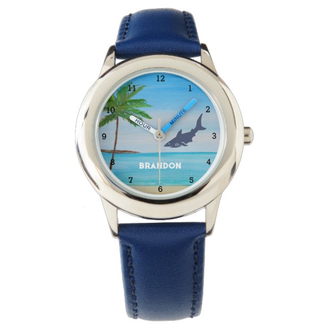 Boys Shark Ocean Fish Cute Tropical Blue Kids Armbandsur (Framsida)