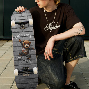 Boys Skateboarding Nalle Brick Wall Namn Mini Skateboard Bräda 18,5 Cm