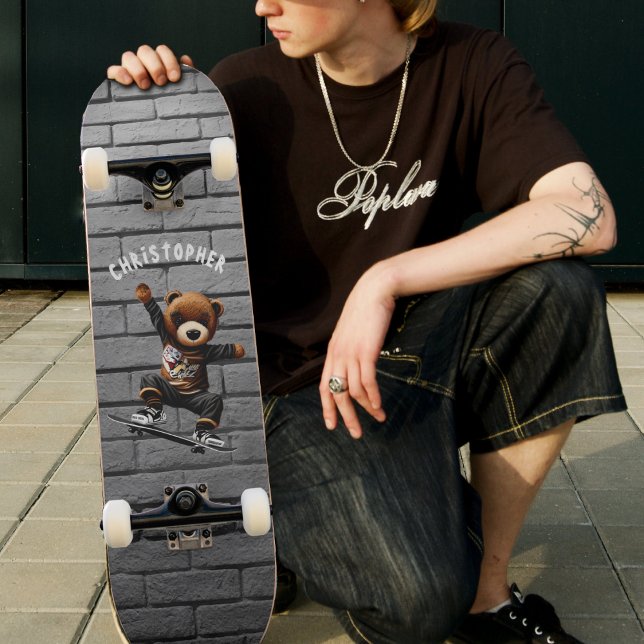 Boys Skateboarding Nalle Brick Wall Namn Mini Skateboard Bräda 18,5 Cm (Boys Skateboarding Teddy Bear Brick Wall Name Skateboard)