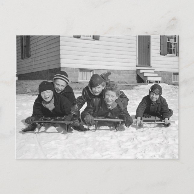 Boys Sledding, 1936 Vykort (Framsida)