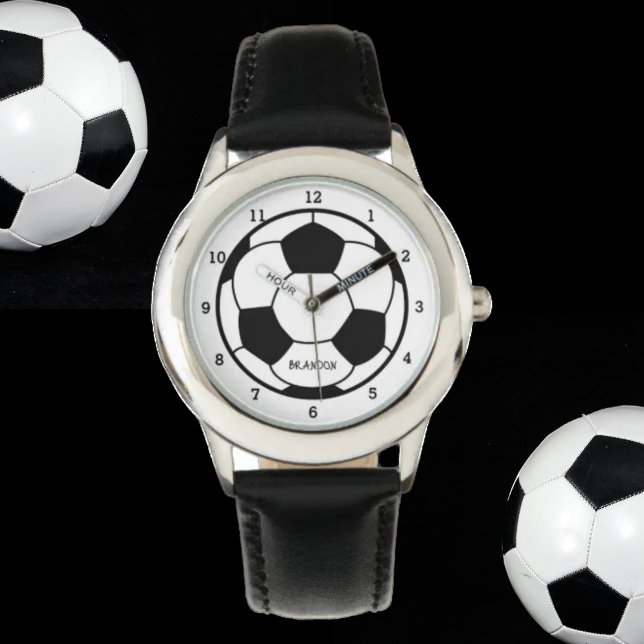 Boys Soccer Ball Black Snyggt Anpassade namnsökare Armbandsur (Skapare uppladdad)