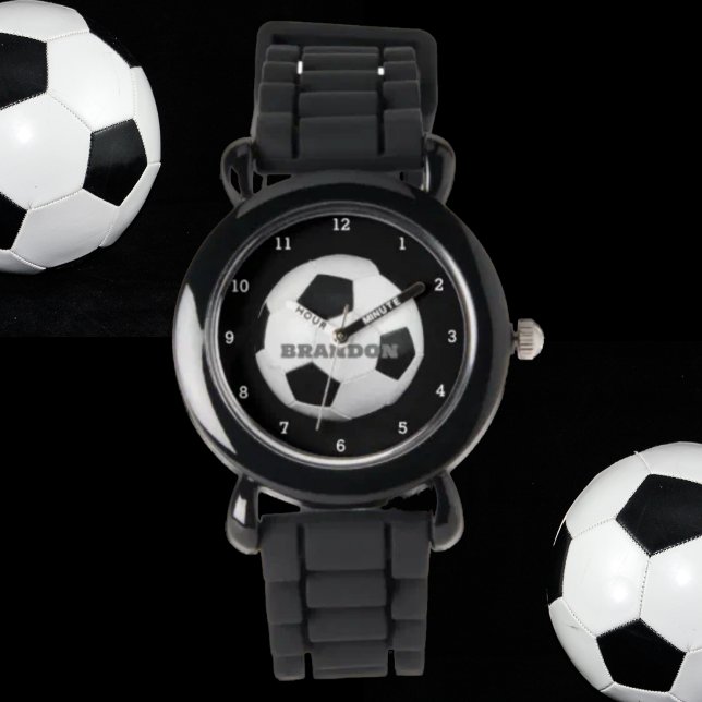 Boys Soccer Ball Black Snyggt Anpassade namnsökare Armbandsur (Skapare uppladdad)