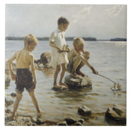 Boys som spelar på Shore (av Albert Edelfilt) Kakelplatta