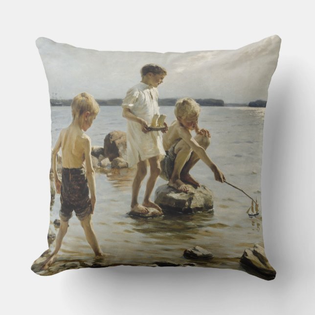 Boys som spelar på Shore (av Albert Edelfilt) Kudde (Framsida)