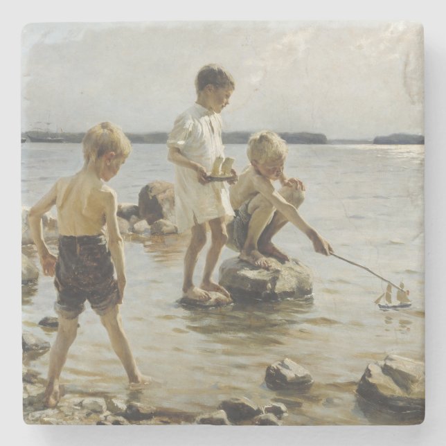 Boys som spelar på Shore (av Albert Edelfilt) Stenunderlägg (Framsidan)