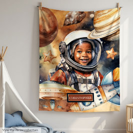 Boys Space Blanket Astronaut Watercolor Design Fleecefilt