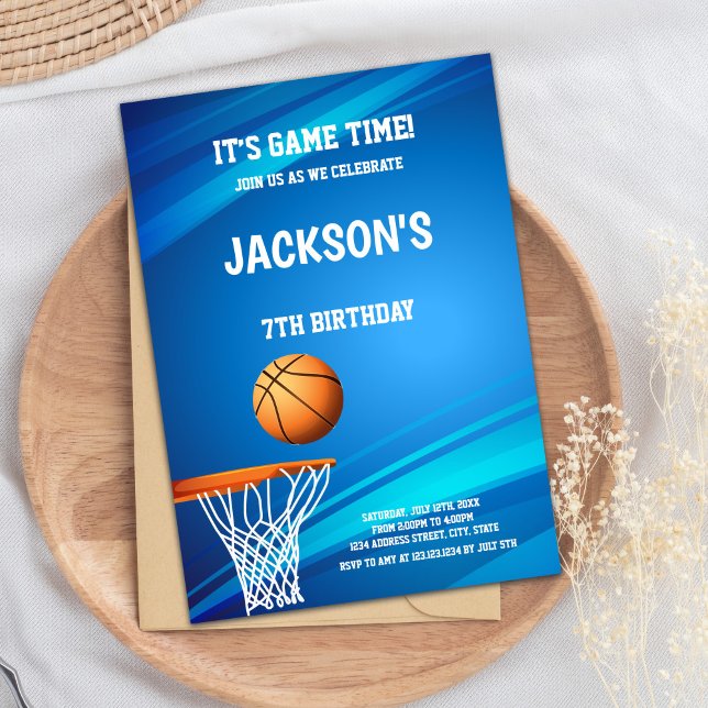 Boys Sports Party Inbjudningar (Basket Blue back Basketball Invitations)