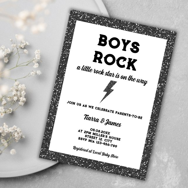 Boys Sten Black Rock and roll Boy Baby Shower Inbjudningar (boys rock little rock star rock and roll boy baby shower invitation)