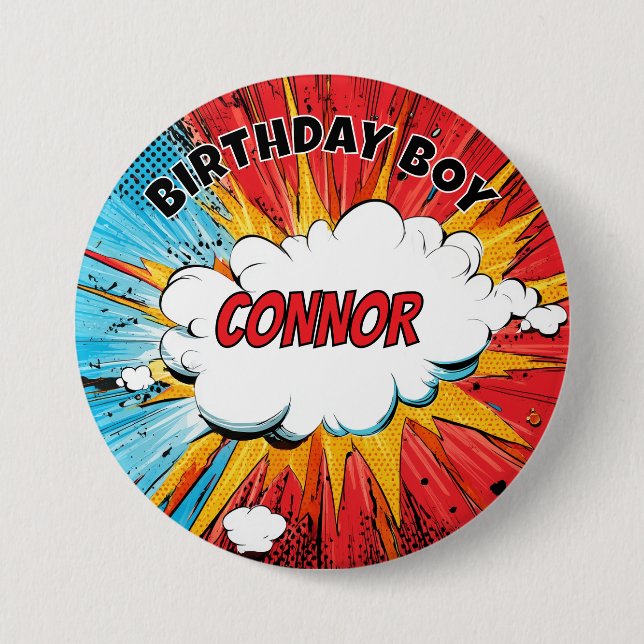 Boys Superhero Birthday Boy Personalised Badge Knapp (Framsida)