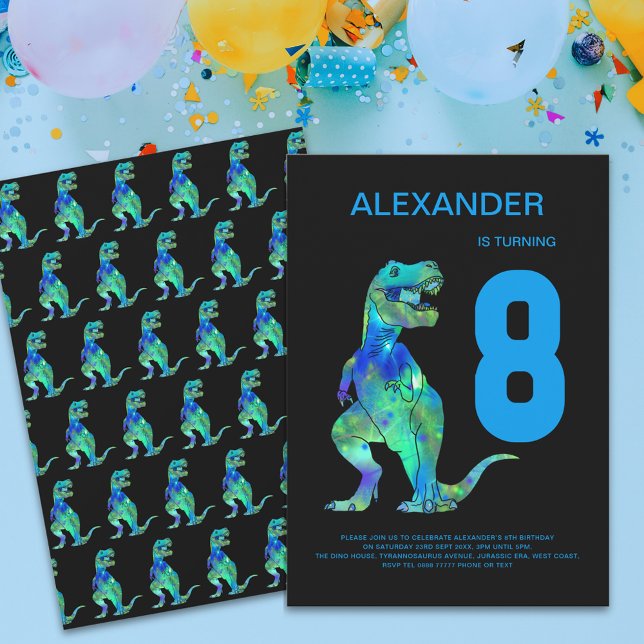 Boys T-Rex Dino 8:e Födelsedagsfesten Inbjudningar (T-Rex dino boys 8th birthday party invitation colorful dinosaur blue modern  )