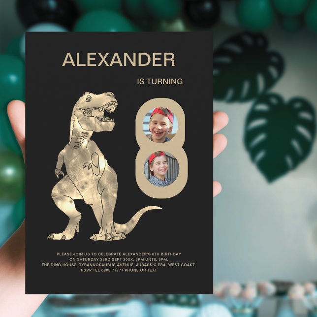 Boys T-Rex Dino 8:e Födelsedagsfesten Photo Collag Inbjudningar (Dinosaur T-Rex boys 8th birthday party 2 photo collage invitation)