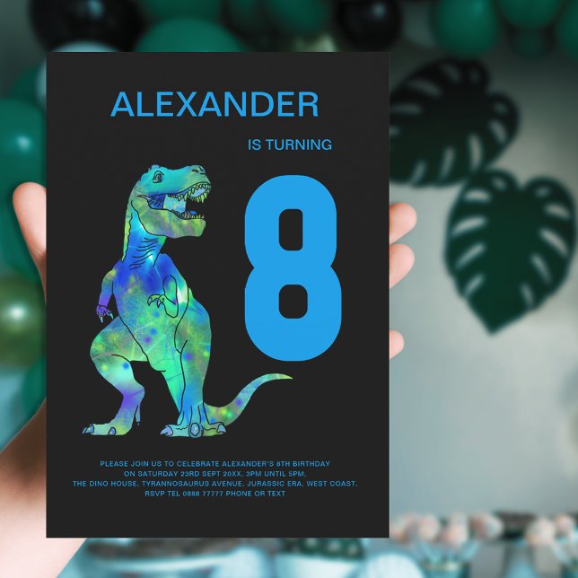 Boys T-Rex Dinosaur 8:e Födelsedagsfesten Blue Inbjudningar (T-Rex dino boys 8th birthday party invitation with colorful watercolor dinosaur blue typography )