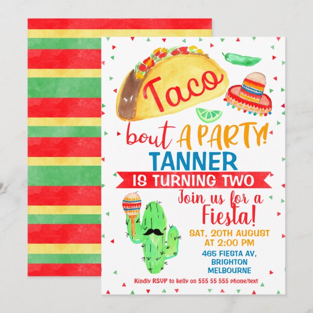 Boys Taco om en inbjudan till party-födelsedag (Fram/baksida)