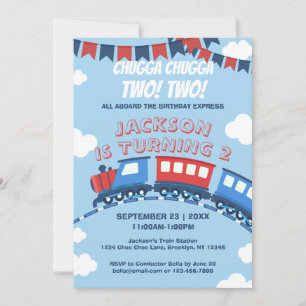 Boys Tåg Chugga Two Flagga Blue Red White Birthday Inbjudningar