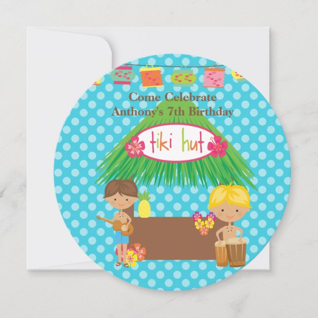Boys Tiki Hut Round Luau Birthday-inbjudan Inbjudningar (Framsida)
