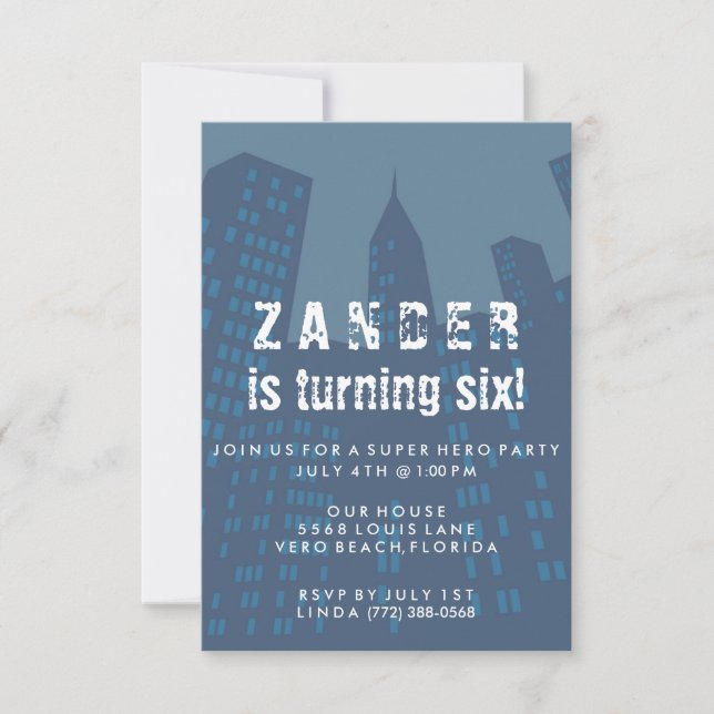 Boys Toppen Hero City Födelsedagsfest inbjudan (Framsida)