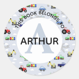 Boys Tractor Tåg-flygplan och bokskylt Namn Runt Klistermärke