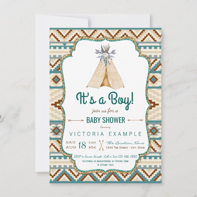 Boys Tribal Teepee Aztec Baby Shower Inbjudningar (Framsida)