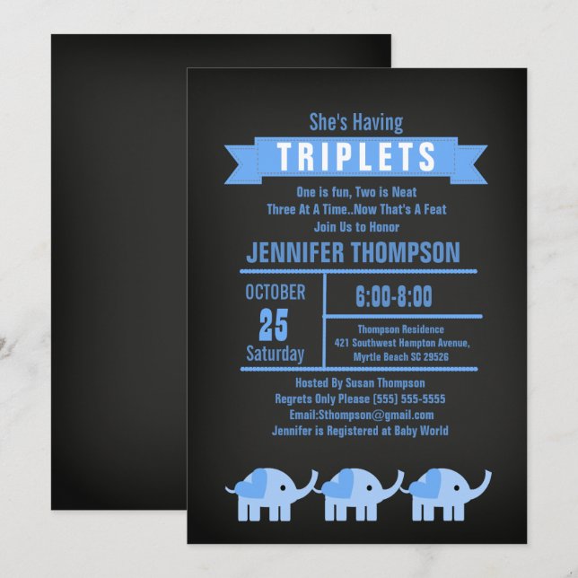 Boys Triplet Elephant Baby Shower Chalkboard Inbjudningar (Fram/baksida)