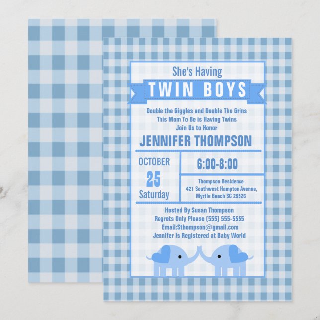 Boys Twin Elephant Baby Shower Blue Gingham Inbjudningar (Fram/baksida)