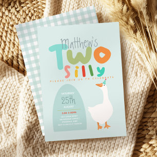 Boys Two Fånig Goose Blue First Birthday Inbjudningar