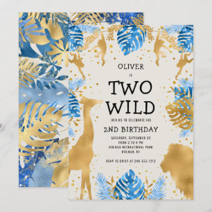 Boys Two Vild 2nd Birthday Blue Ecru Safari Inbjudningar
