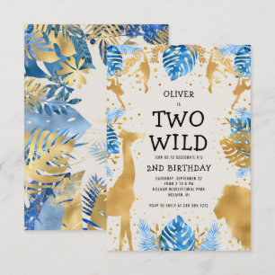 Boys Two Vild 2nd Birthday Blue Ecru Safari Inbjudningar