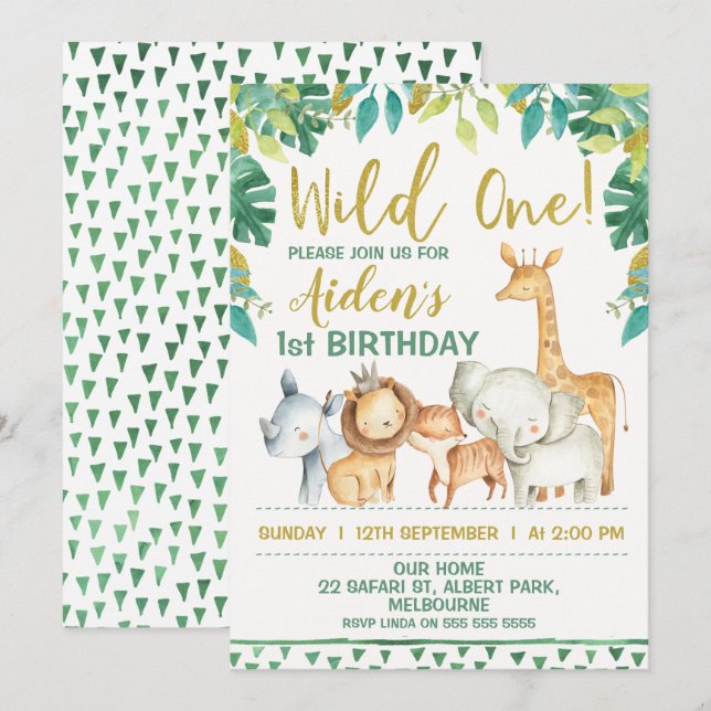 Boys Vild 1 Safari Första födelsedagsinbjudan Inbjudningar (Fram/baksida)