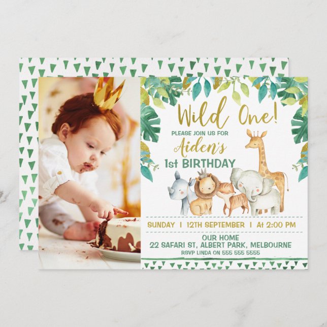 Boys Vild One Safari Photo 1st Birthday Call Inbjudningar (Fram/baksida)
