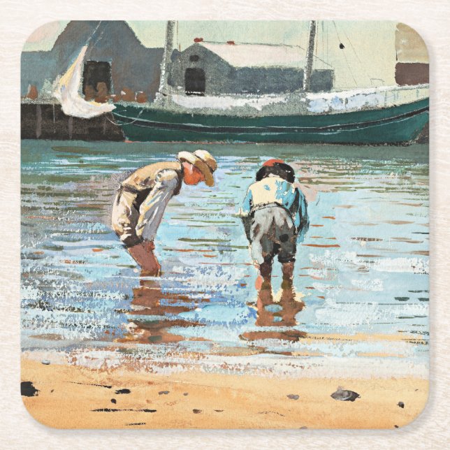 Boys Wading, berömd-grafik efter Winslow Homer Underlägg Papper Kvadrat (Framsidan)