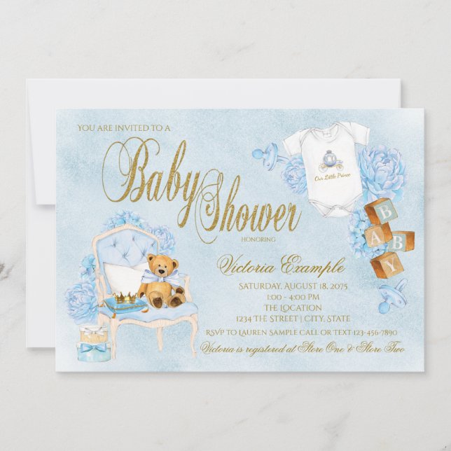 Boys Watercolor Blue Guld Baby Shower Inbjudningar (Framsida)